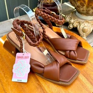 SAM & LIBBY Sutton brown braided ankle strap square toe chunky heel sandals 9M